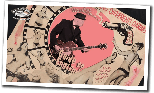 Polaroid photo of a 1950s style film noir poster with Zak Washington playing guitar, smoking gun and pin-ups in swimwear