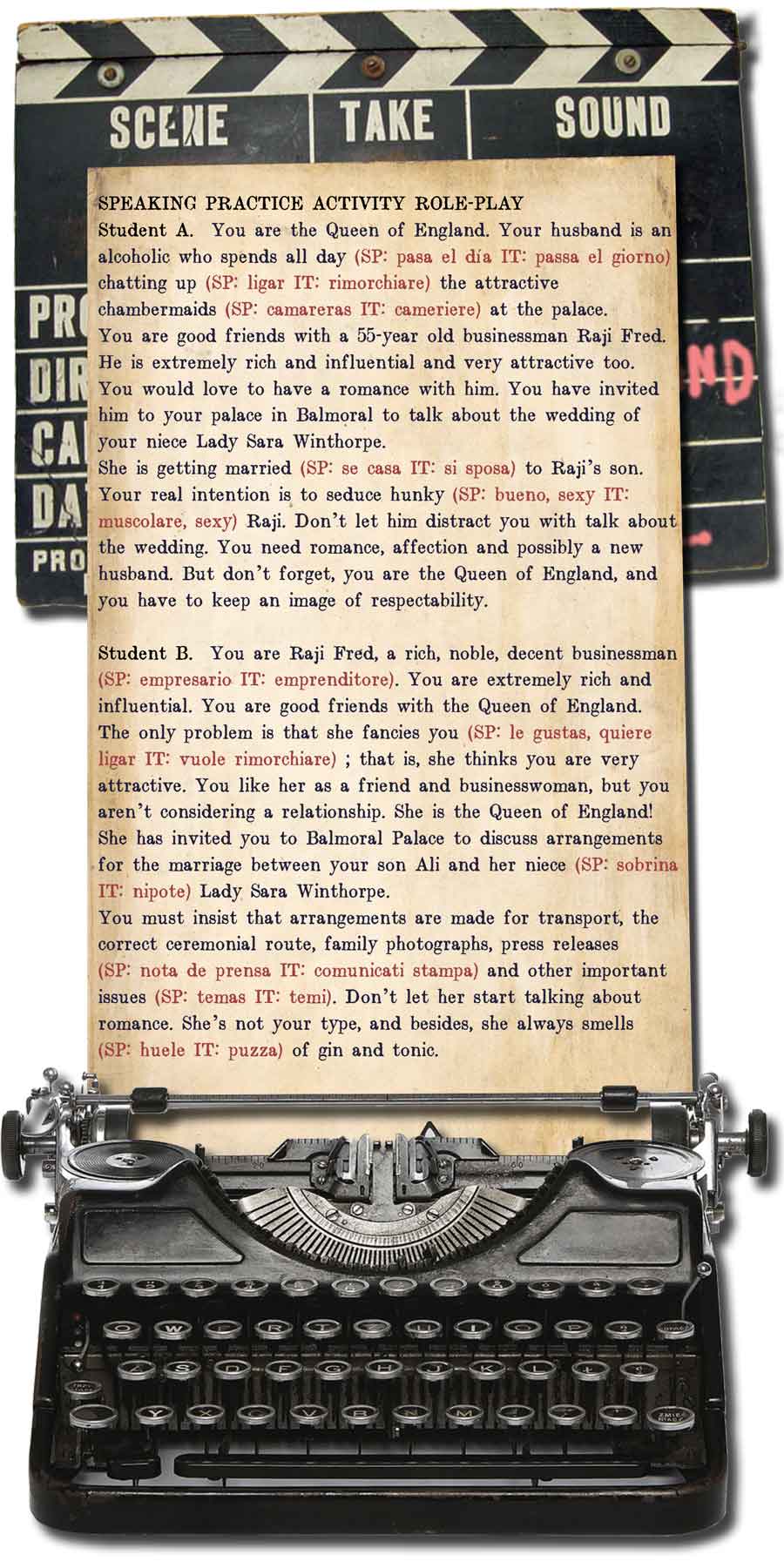 vintage clapper-board and antique typwriter with overlay of text instructions for student role-play