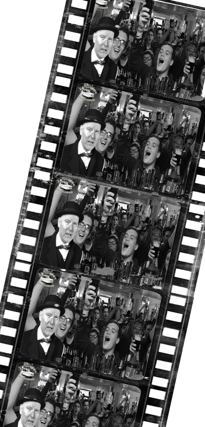 Cinematic film strip with images of Zak and British drinkers partying in a rowdy British pub