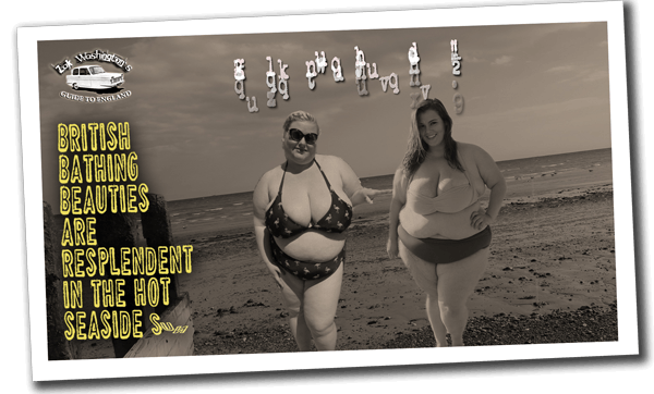 Polaroid of two British 'bathing beauties' in swimwear on Brighton beach. 