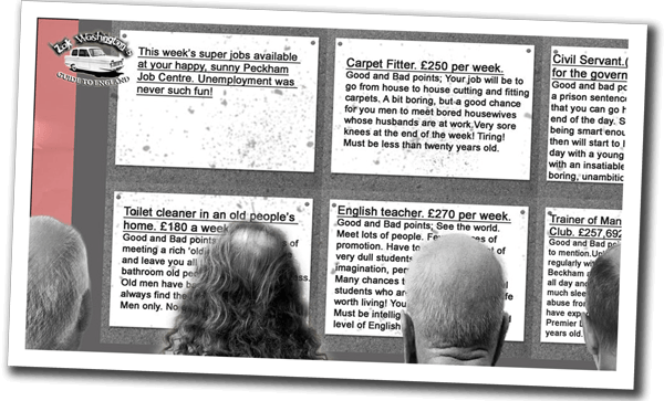 Humourous image of bald men, seen from behind, looking for at job ads in a 1980s London Job Centre unemployment office