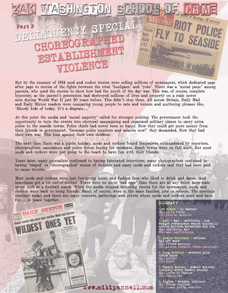 British Culture - Article with glossary. Part 3. Mods & Rockers and discussion about moral panics, newspaper cut-outs all in pop art style