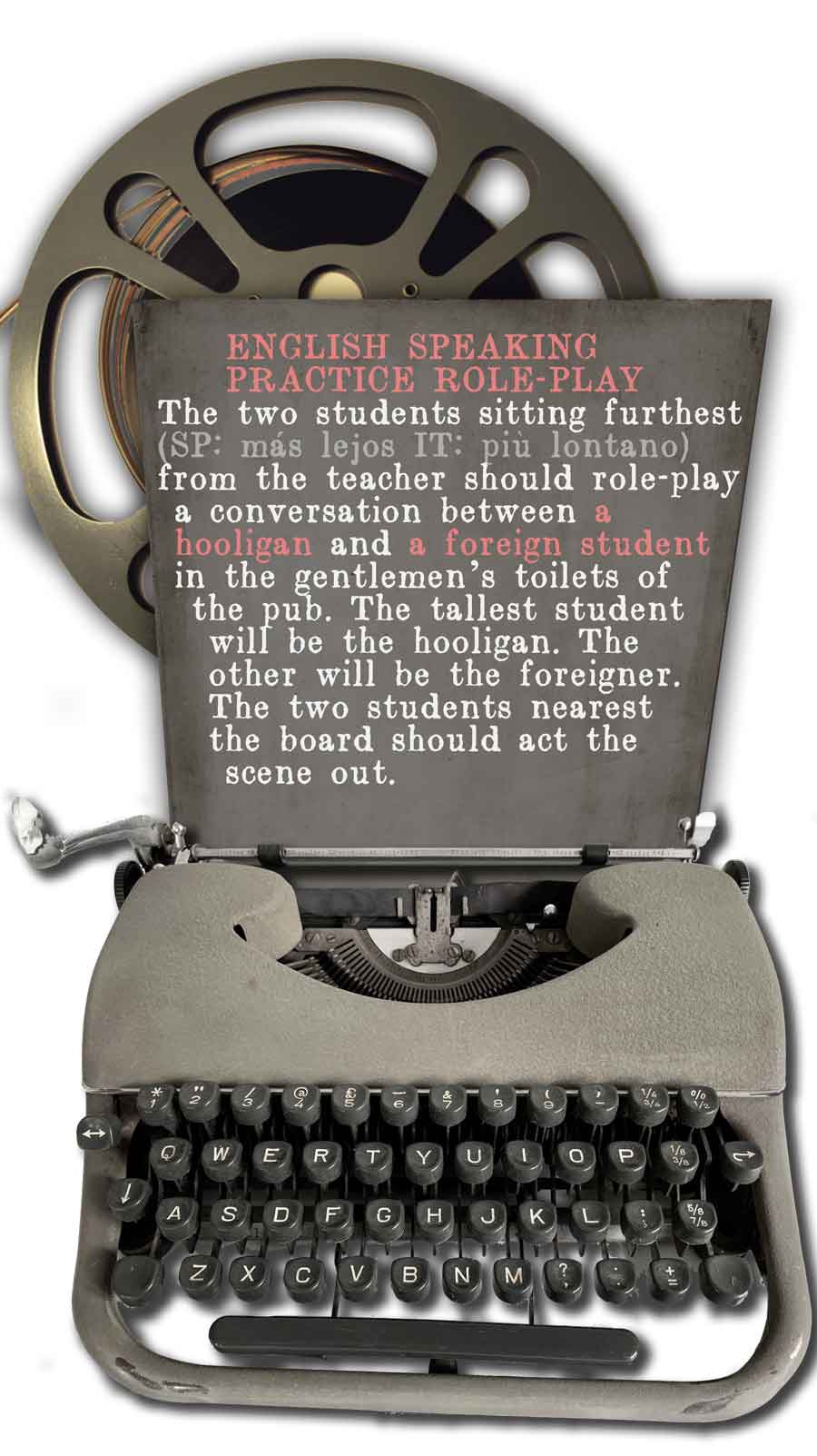 'English Speaking Classroom Role-play' with instructions on the paper coming out of a vintage typewriter