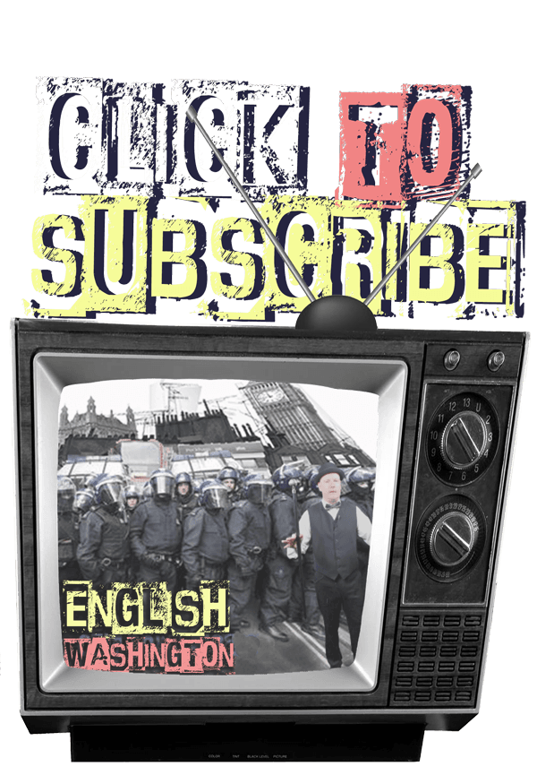 Vintage TV showing Zak in suit and bowtie 'teaching' a crowd in front of a wall of riot police