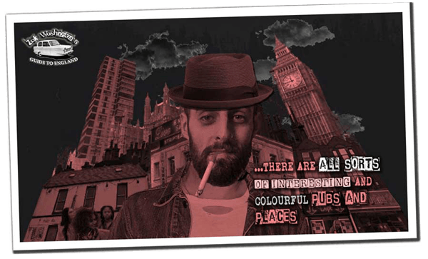 Polaroid of character from Zak's Adventure in a dark Soho street below London skyline