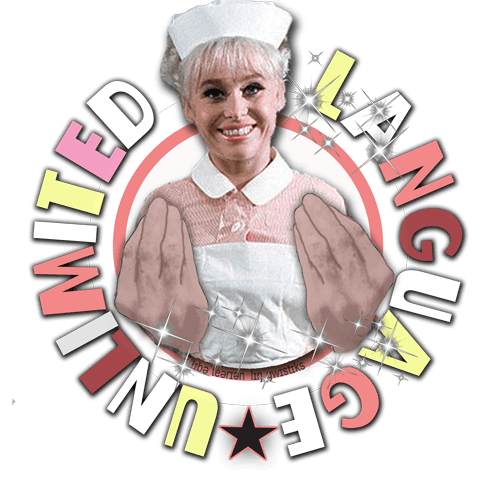 Language Unlimited logo with vintage-style British nurse doing a typical Italian gesture (brand symbol)