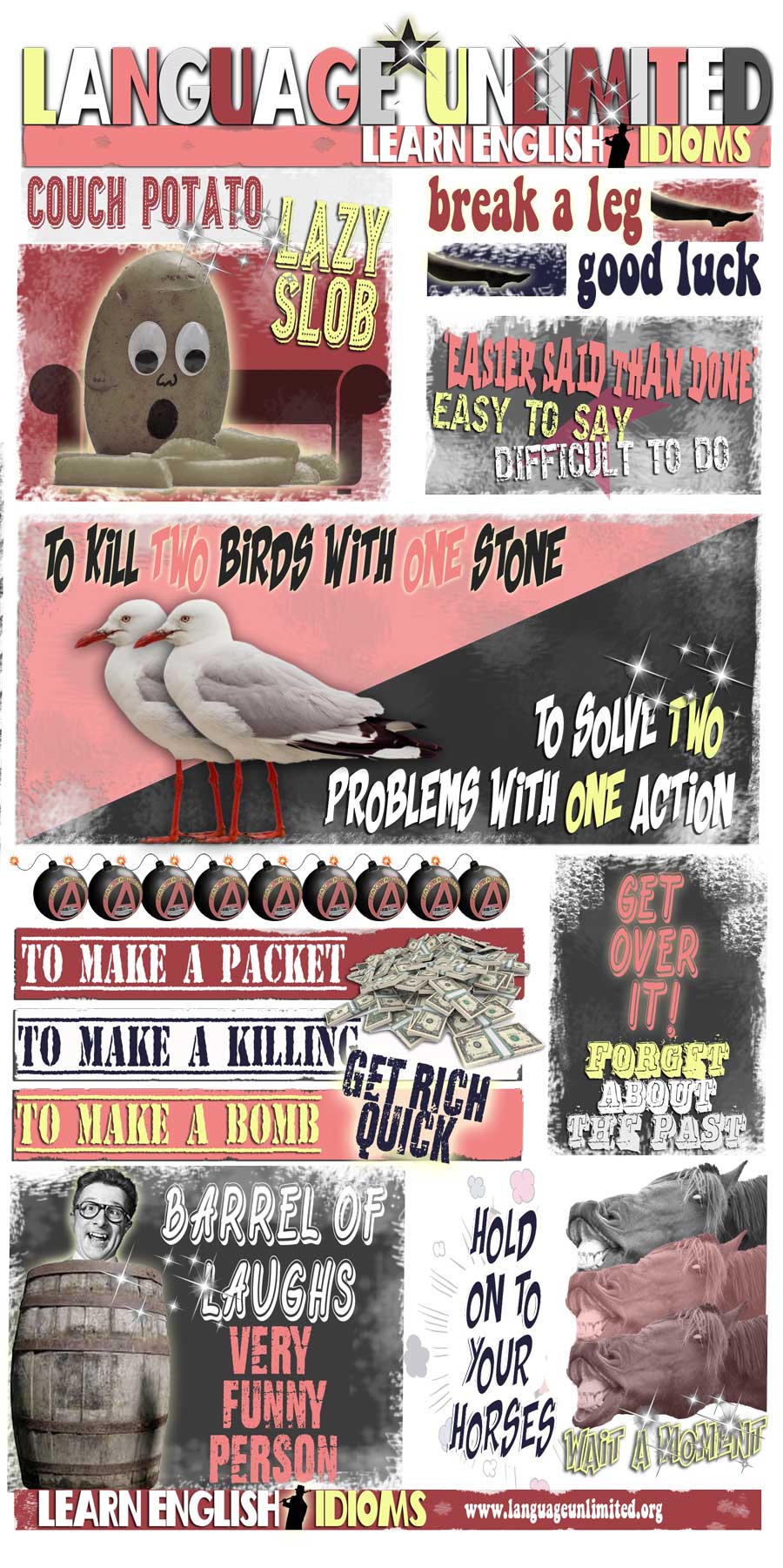 Infographic: English Idioms including 'couch potato', 'break a leg' and 'get over it'