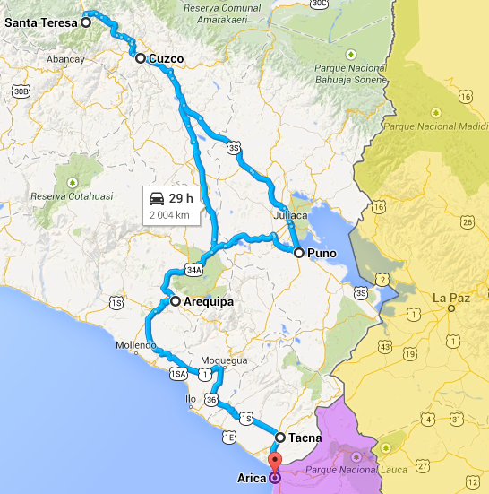 Aperçu de l'ensemble des durées de voyage en bus dans le sud du Pérou, avec (sous-)estimation du temps total