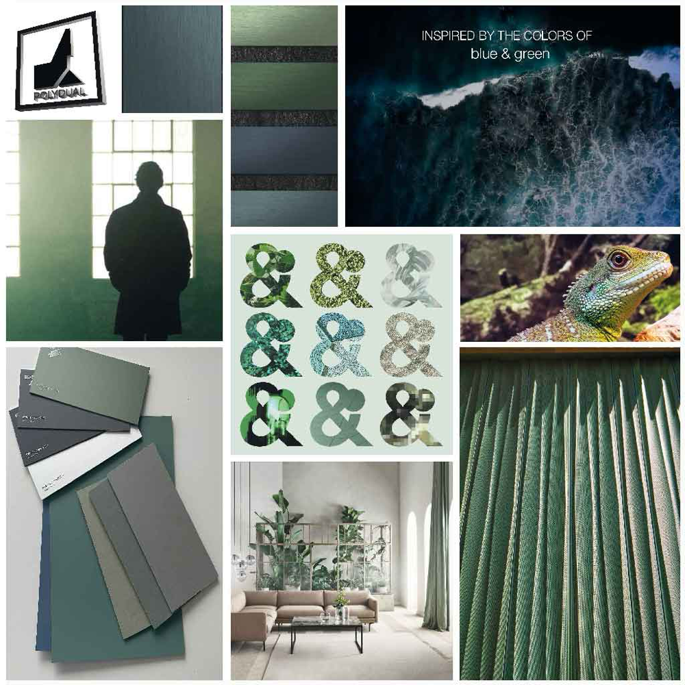 Grün Blaues Moodboard mit Farbmuster. Materialmuster, Typografie, Möbel, Accessoires