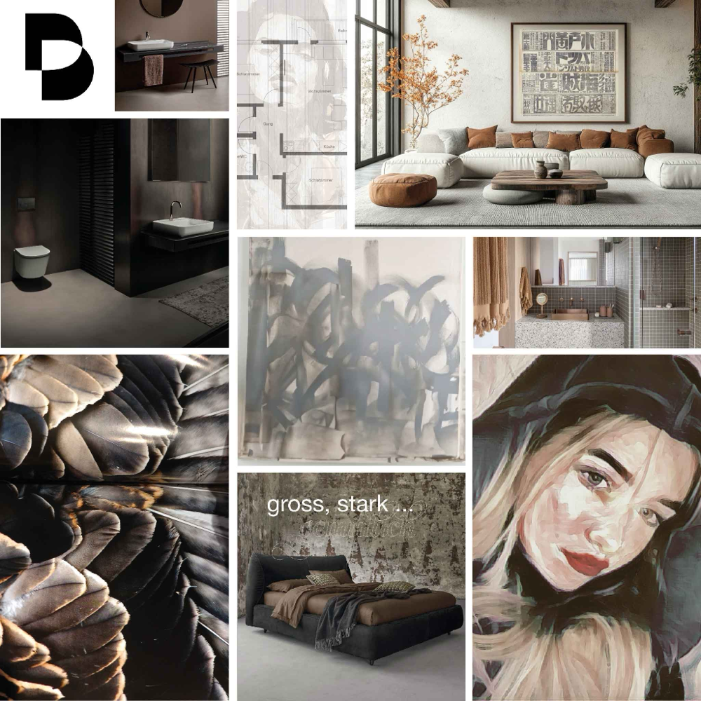Moodboard aus Möbelvorschlägen und  Kunst von Polydual Brunschwiler in allen Tönen einer Adlerfeder
