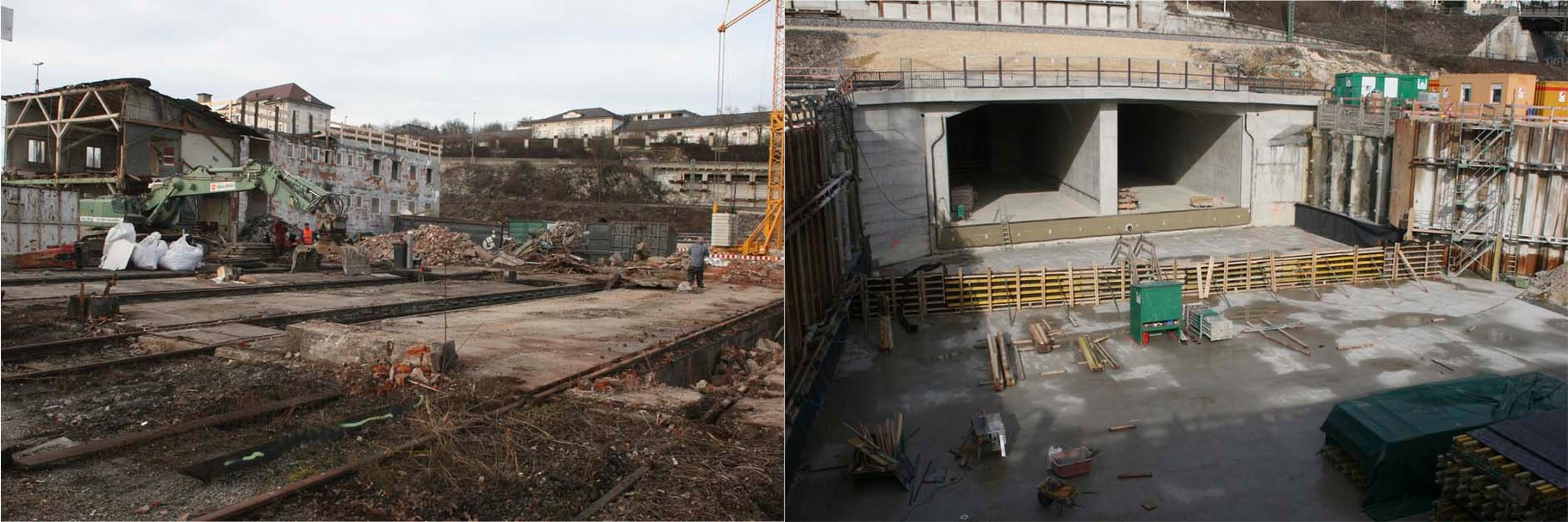 Links der Blick "durch den Schuppen" und rechts der Nordkopf von Ulm - der Eingang zur Tunnelstrecke nach Stuttgart.