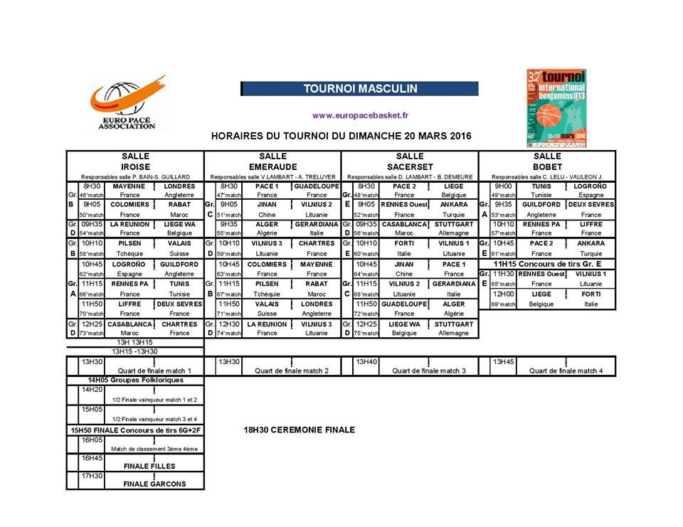 Euro Pacé Basket 2016 - Tournoi Masculin - Programme du dimanche