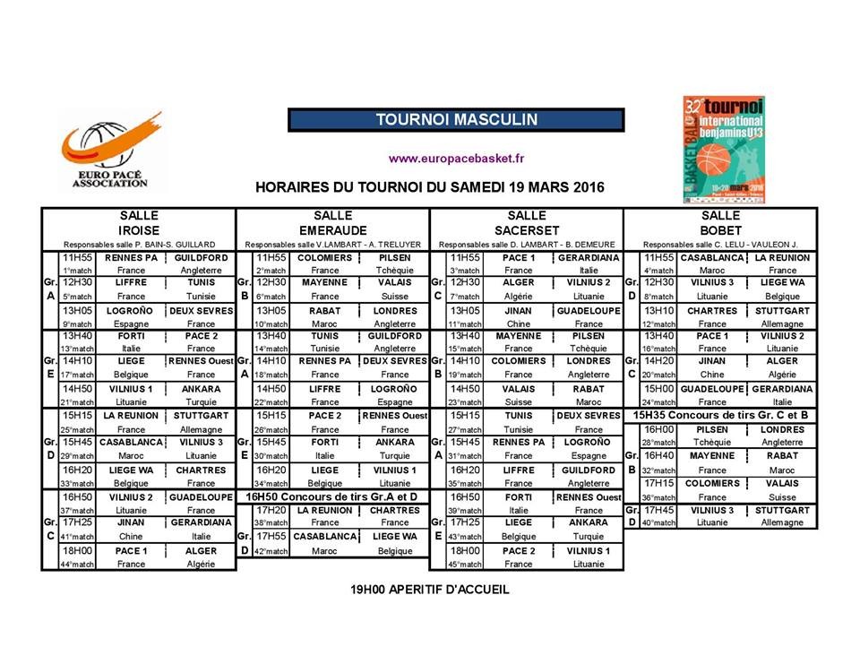 Euro Pacé Basket 2016 - Tournoi Masculin - Programme du samedi