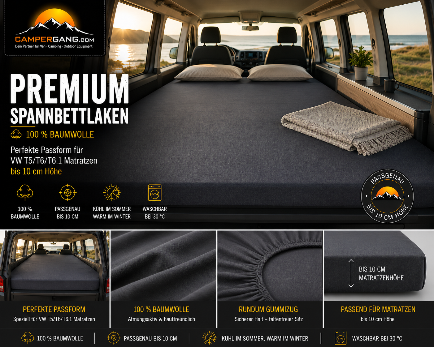 PREMIUM Spannbettlaken für Klappmatratzen VW T5/T6/T6.1 Multivan oder California Beach