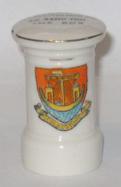 KENT PILLAR BOX: FOLKESTONE Crest on Front and "I Can't Get A Letter From You So Send You The Box" at Top. 71mm High. British Manufacture on base.