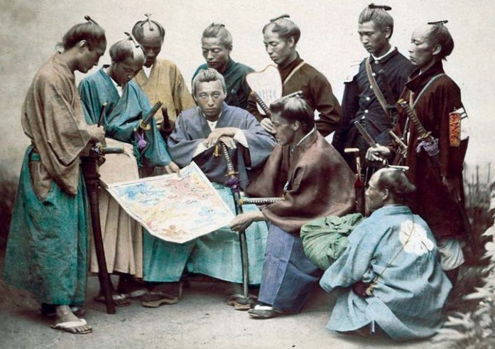 foto ottocentesca in falsi colori di un gruppo di Samurai appartenenti al clan Chosyu durante la guerra Boshin.