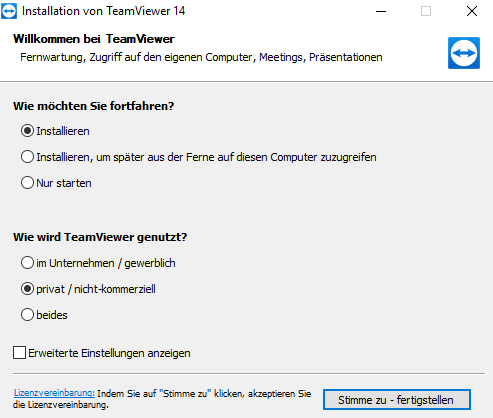 Screenshot TeamViewer: Optionen bei der Installation