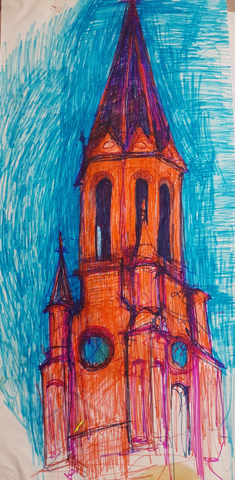 Kirchturm in der Nacht, Filzstift auf Papier, 1997