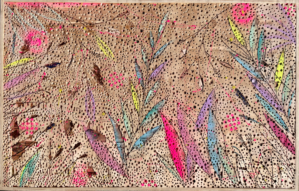 "Holey fields" - Lacke/Mixed Media auf Holz (127x80cm - gerahmt) 710€