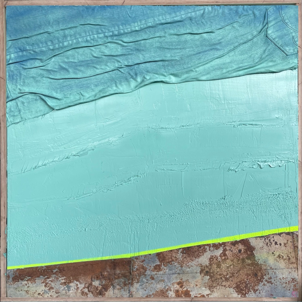 "Back to the ocean" - Denim/Metall/Lacke auf Leinwand (80x80cm - gerahmt) 410€