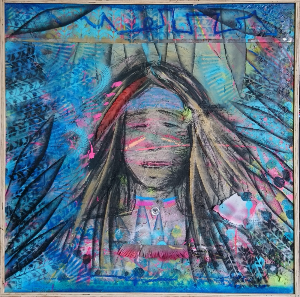 "Surrounded by Blue" - Acryl/Lacke/Metall auf Leinwand (100x100 - gerahmt) 560€ 