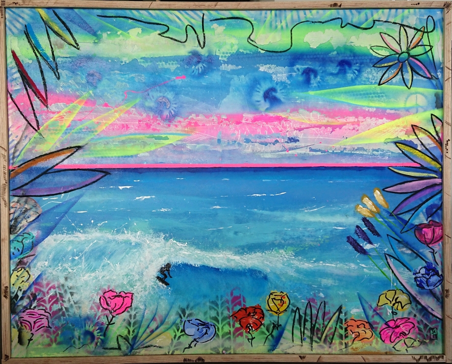 "Pink horizon III" - Acryl/Lacke/Kreiden auf Leinwand (103x83 - gerahmt) 490€