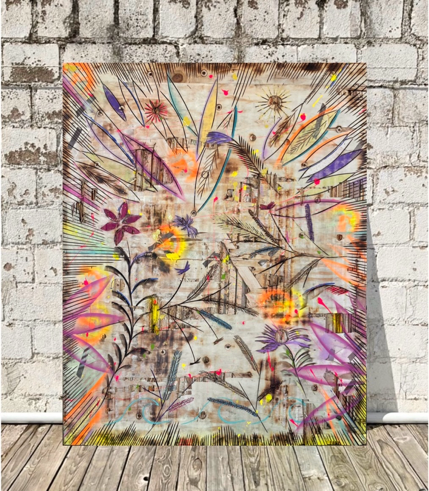 "Yūgen" (Der Begriff beschreibt die Schönheit des nicht nur oberflächlich Sichtbaren.)- Lacke/Kreiden auf Sperrholzplatten (100x80cm) 440€