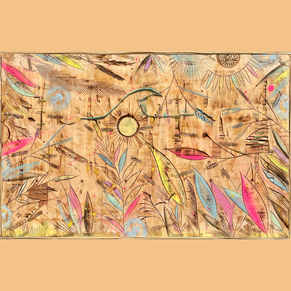"Seaboard“ - Lacke/Mixed Media auf Holz (127x80cm - gerahmt mit Gräsern) 620€