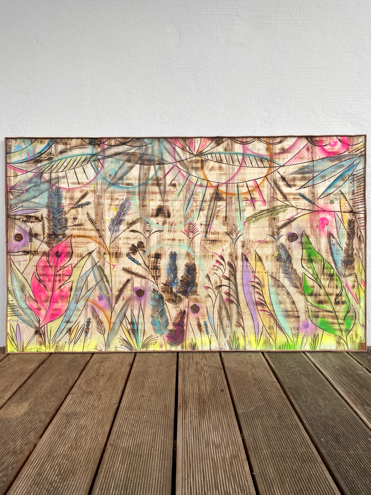 „Meadow“ - Lacke, Kreiden auf Holz (127x81cm - gerahmt in Leder) 680€