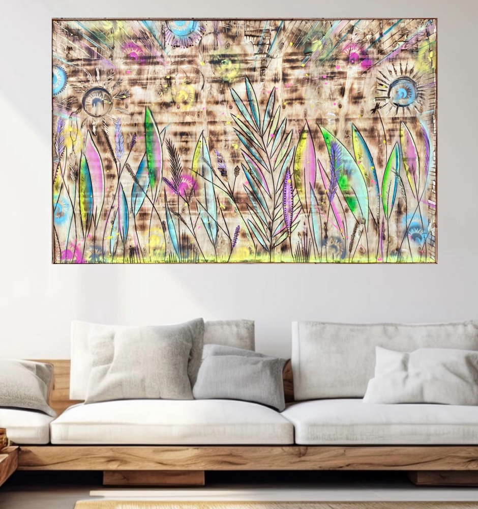 "Open Range" - Lacke/Kreiden auf Holz (127x81cm - gerahmt in Leder) 685€