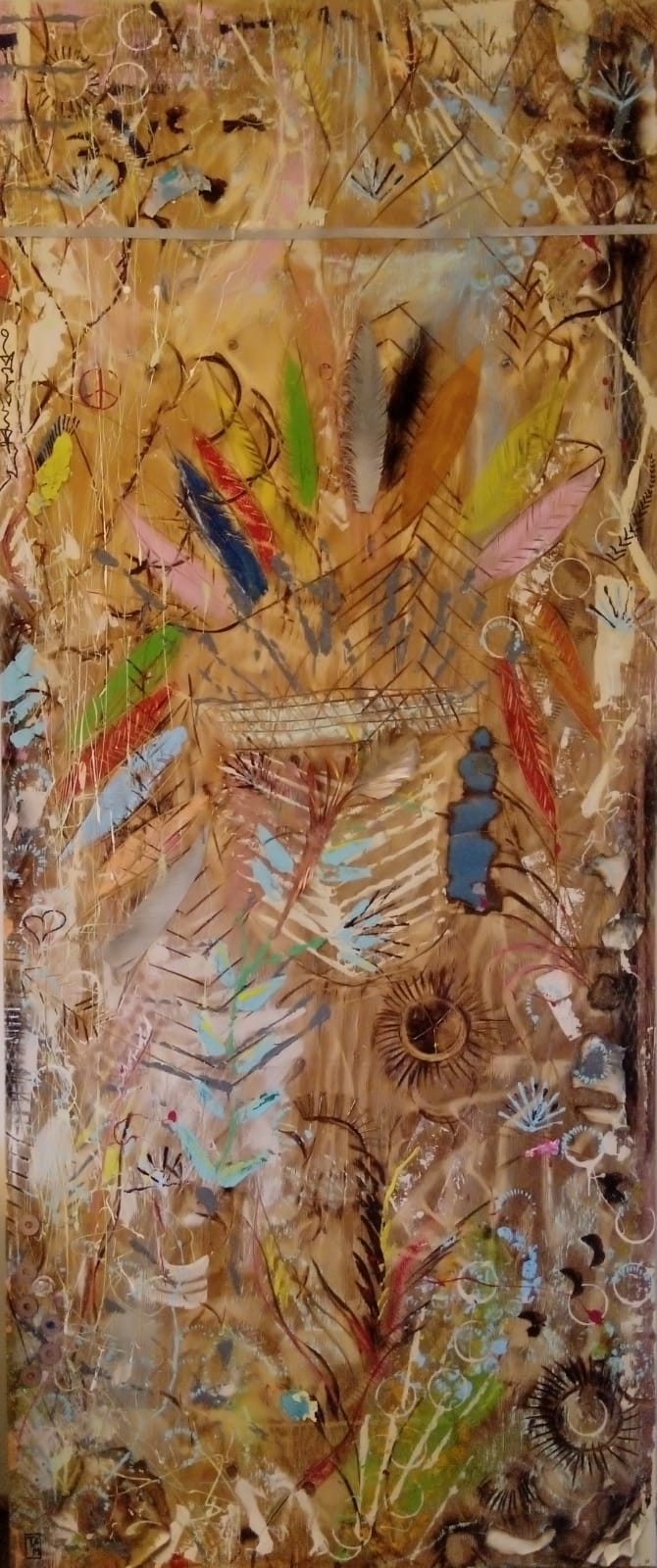 "Traumfänger" - Acryl/Kreiden/Metall auf Holzplatte (220x90) 810€