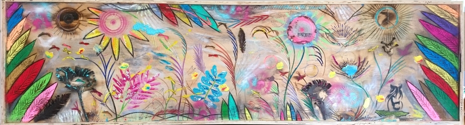 "Independencia" - Acryl/Lacke/Kreiden/Metall auf Sperrholzplatte (190x50-gerahmt) 🔴