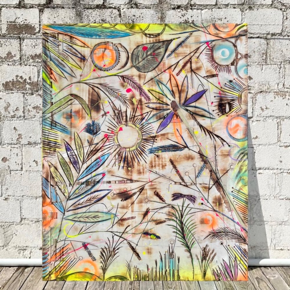 "Komorebi" (Der Effekt, wenn Sonnenlicht durch Blätter und Bäume fällt) - Lacke/Kreiden auf Sperrholzplatte (100x80cm) 440€