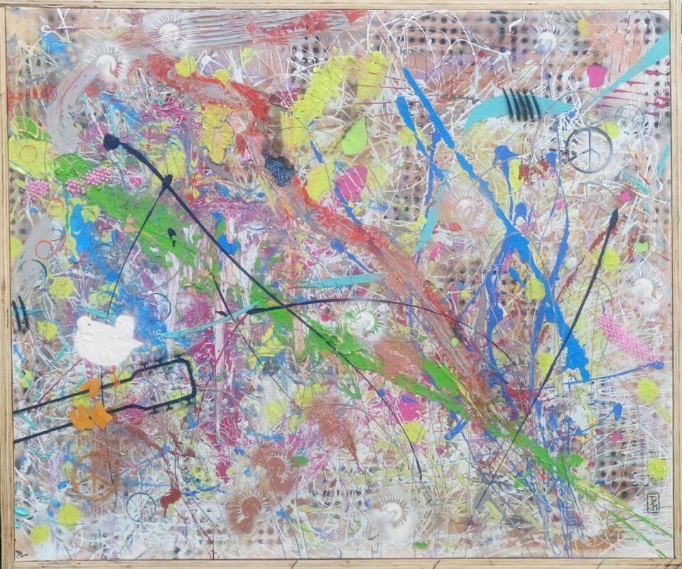 "Hey Joe at Woodstock" - Acryl/Metall/Tape auf Leinwand (120x100) gerahmt 610€