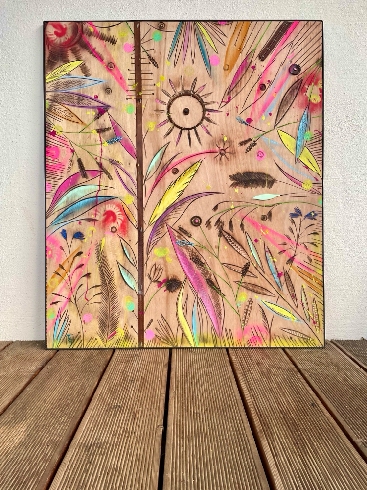 "Woodpanel" - Lacke/Kreiden/Leder auf Holz (86x73cm) 430€