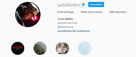 Justin Bieber's Instagram Account (Stand: 17. Februar 2021)