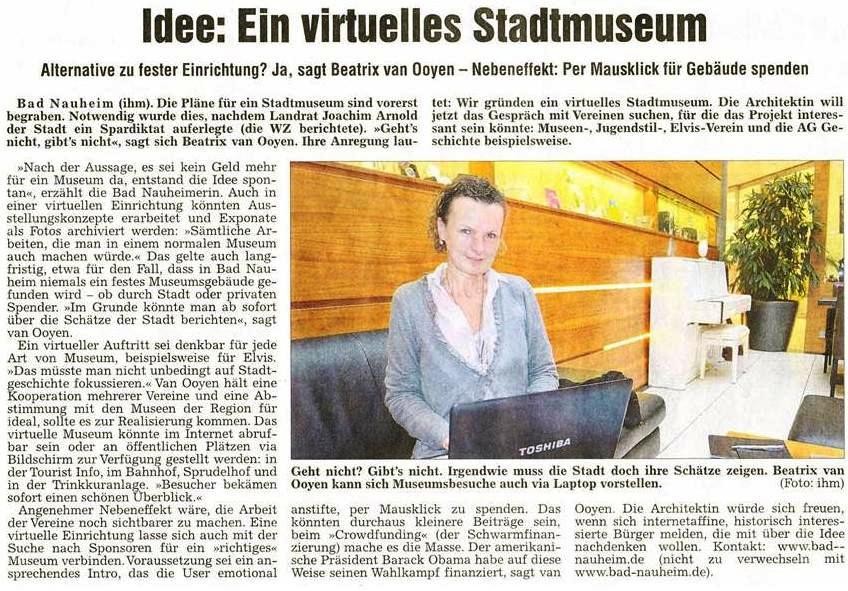 Idee: Ein virtuelles Stadtmuseum - Alternative zu fester Einrichtung? Ja, sagt Beatrix van Ooyen, WZ 26.05.2012, Text und Foto: Petra Ihm-Fahle