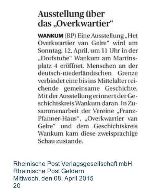 Artikel in de Rheinische Post van 8 april 2015