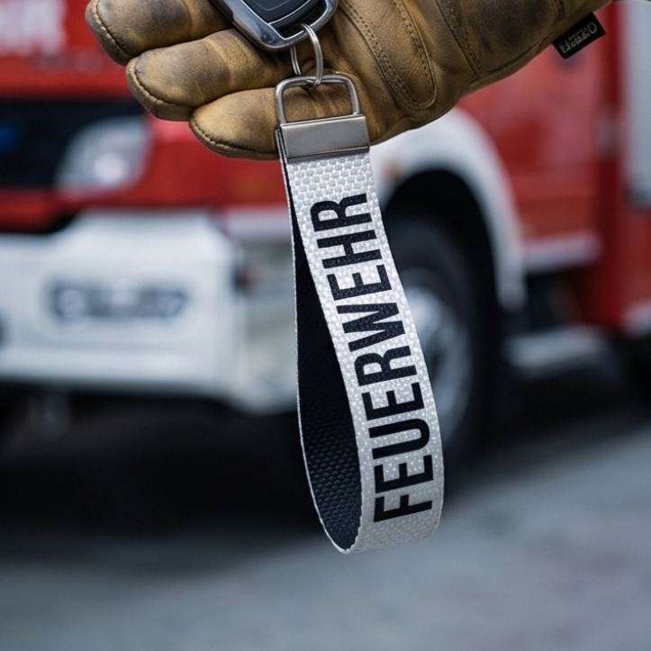 Weißer Feuerwehr-Schlüsselanhänger aus Schlauch mit schwarzer FEUERWEHR-Aufschrift vor einem roten Einsatzfahrzeug