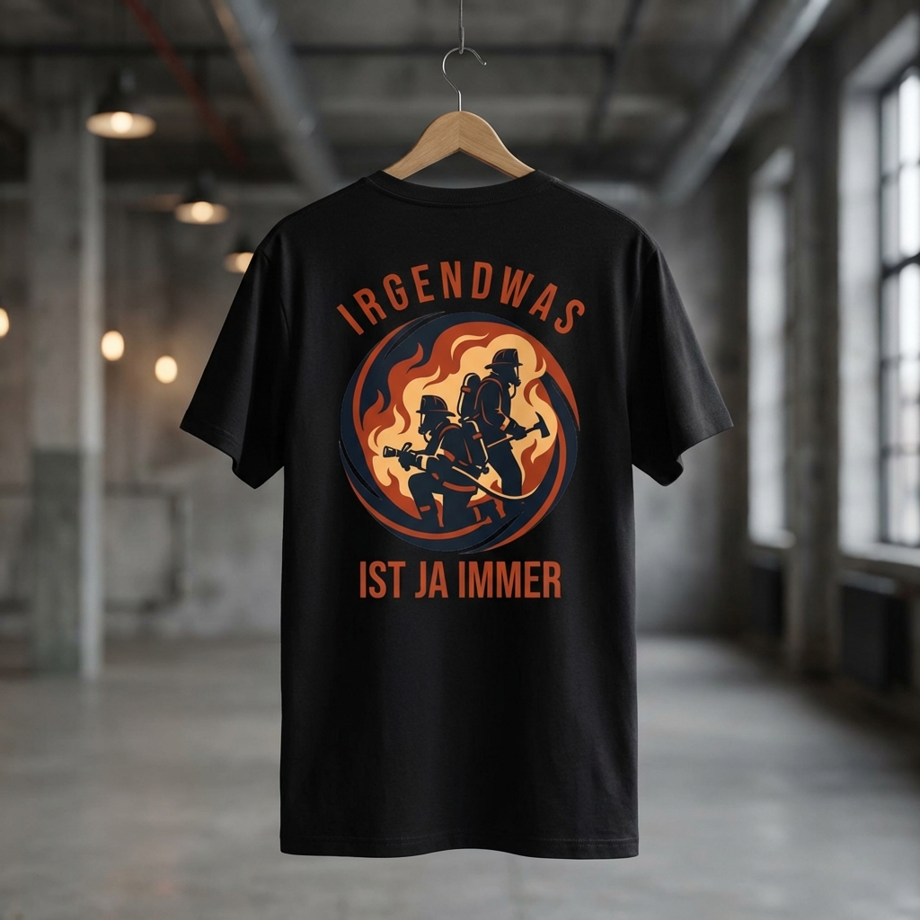 Schwarzes Feuerwehr T-Shirt mit Irgendwas ist ja immer Rückenprint. Innenangriff Motiv mit Feuerwehrmann. Geschenk Freiwillige Feuerwehr.