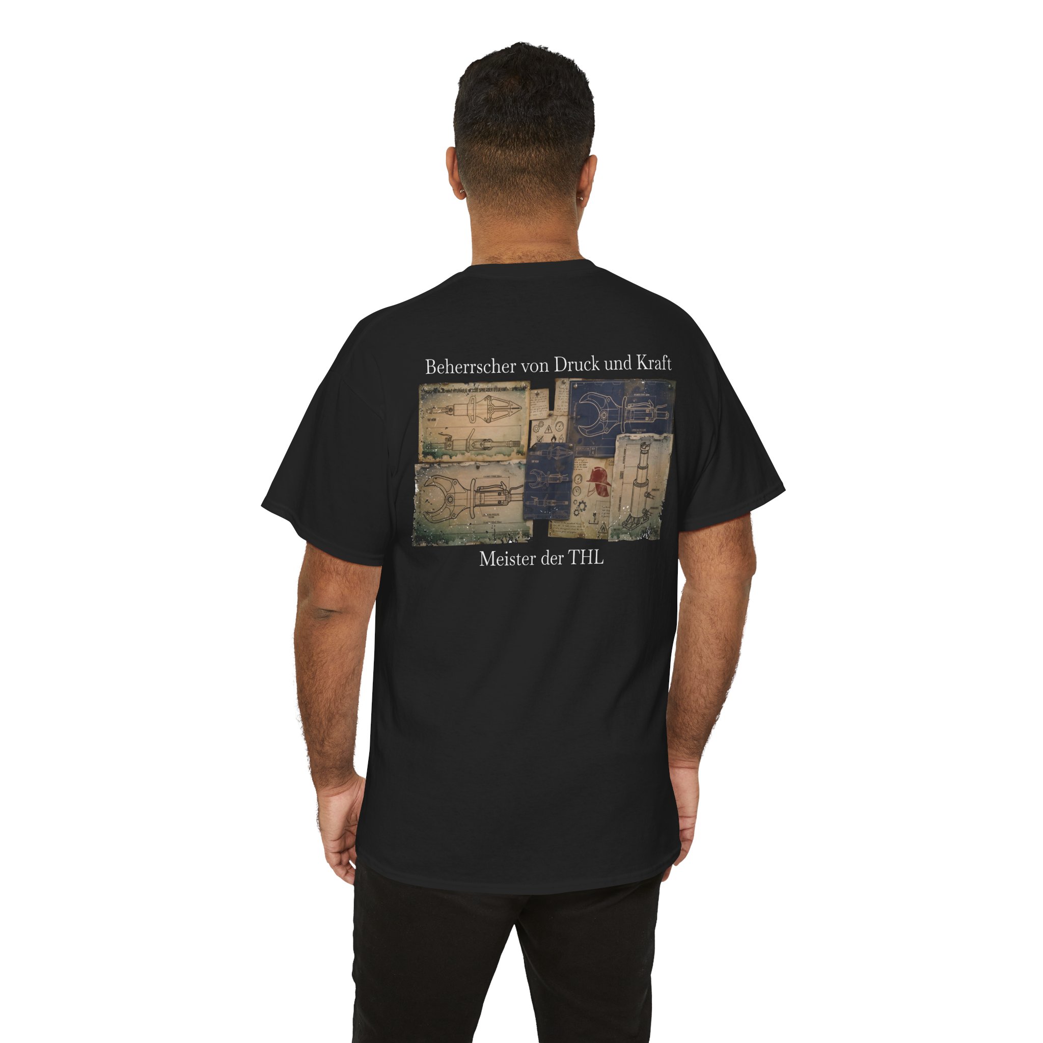 Rückansicht des schwarzen Feuerwehr T-Shirts Hydraulik Künstler mit technischem THL-Druck. Geschenk für Technische Hilfeleistung von AWesome.