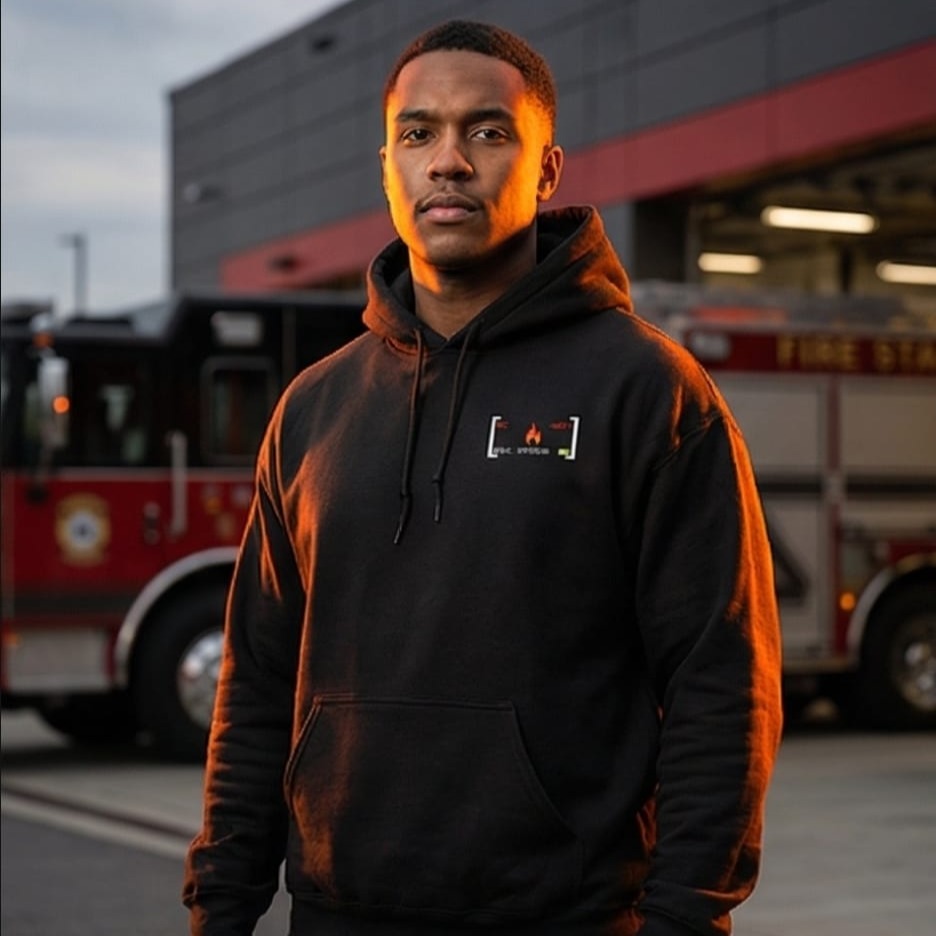 Schwarzer Unisex-Hoodie mit einem kleinen, eckigen Grafik-Logo auf der Brust, getragen von einem Mann vor einem roten Feuerwehrfahrzeug.