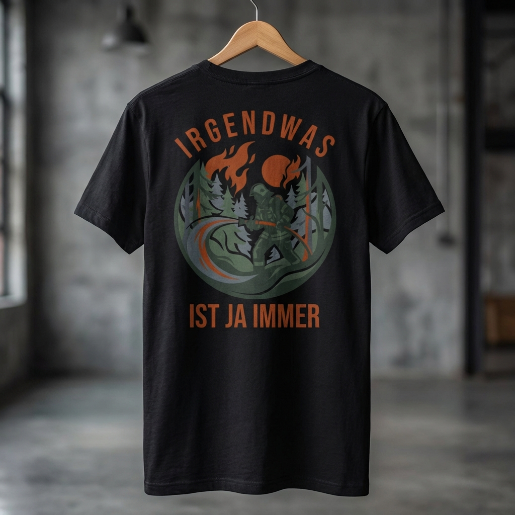 Schwarzes Feuerwehr T-Shirt mit Irgendwas ist ja immer Rückenprint. Waldbrand Motiv mit Feuerwehrmann. Geschenk Freiwillige Feuerwehr.