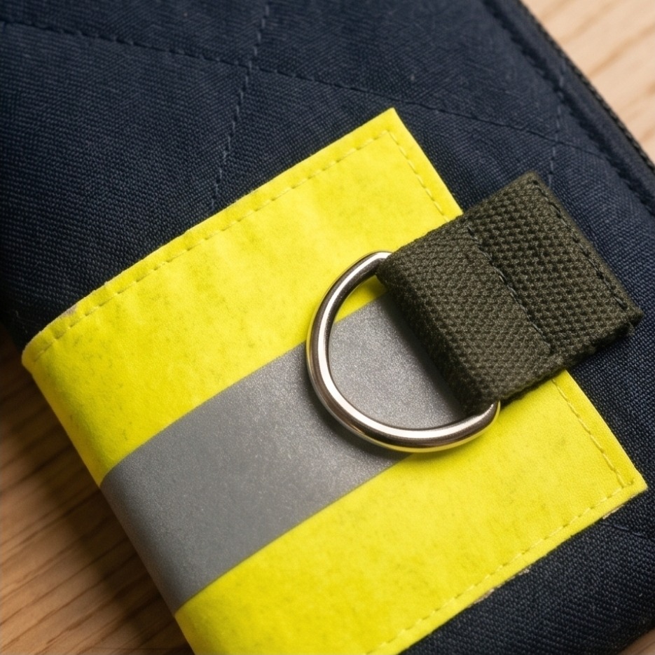 Detailaufnahme: Gelb-silberner Reflexstreifen mit Metall-D-Ring auf dunkelblauem Feuerwehrstoff. Echte Handarbeit: Detail eines Federmäppchens aus Feuerwehr-Einsatzkleidung als Geschenkidee.