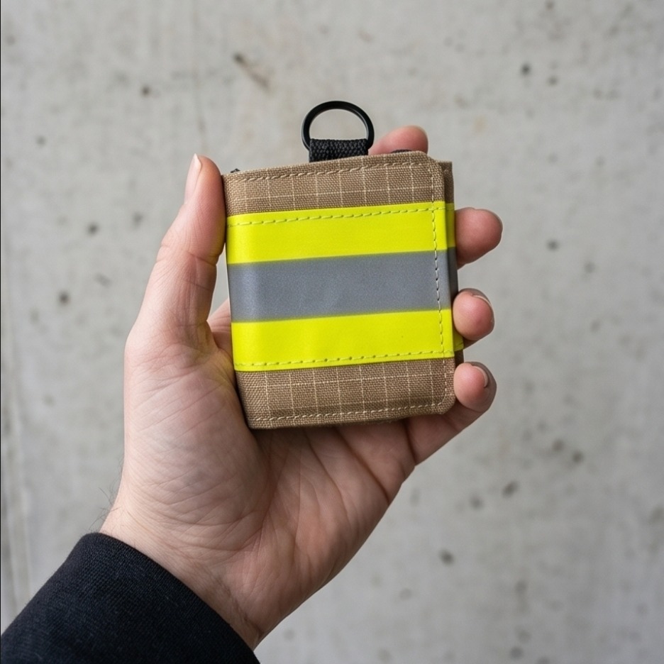 Handliche 8x8 cm kleine Upcycling-Geldbörse aus robuster Feuerwehr-Bekleidung zeigt die kompakte Größe.