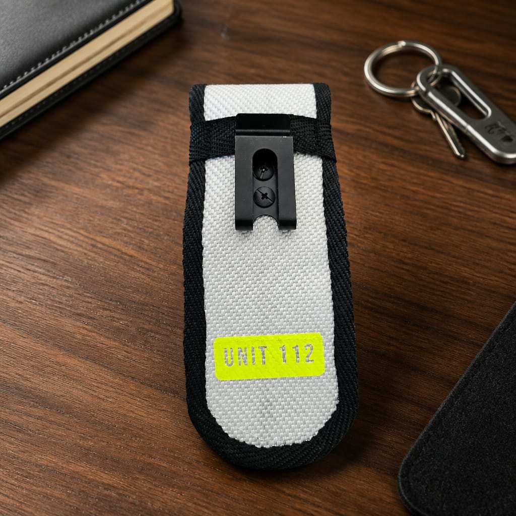 Upcycling Melderholster Rückseite mit Metall-Clip für Gürtel, befestigt an weißem Feuerwehrschlauch. 