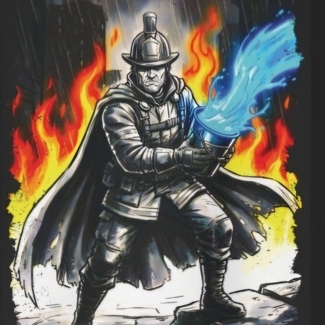 Nahaufnahme des Grafikdrucks: Der heilige Sankt Florian als Feuerwehrmann mit Helm und Umhang, umgeben von loderndem Feuer und Wasser.