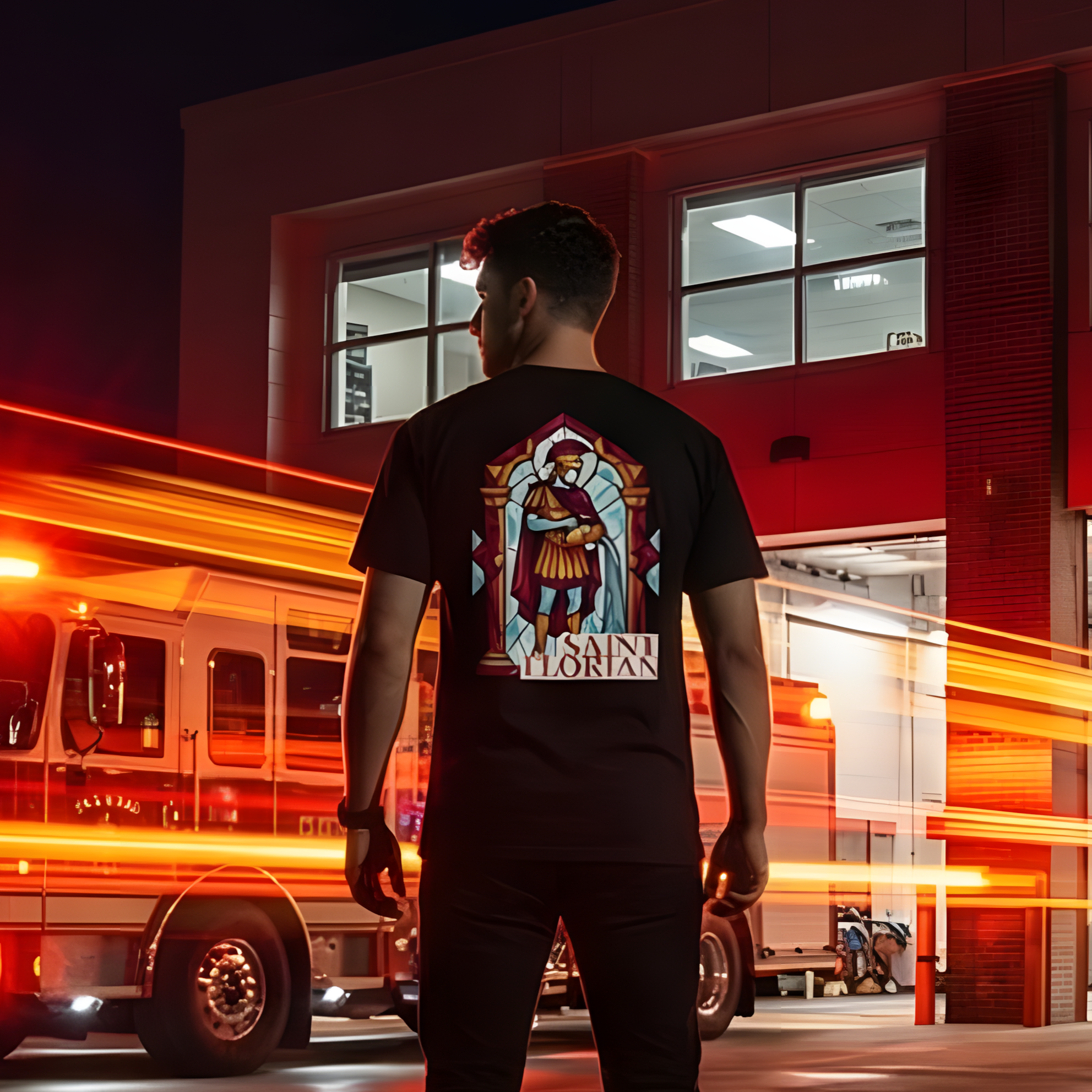 Model trägt schwarzes Feuerwehr T-Shirt mit Saint Florian Rückenprint vor Feuerwache bei Nacht. Authentische Streetwear von A.W.esome.