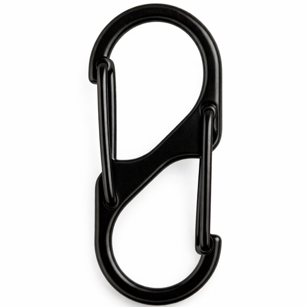 Mattschwarzer S-Karabiner aus Metall mit zwei Drahtbügel-Verschlüssen vor weißem Hintergrund als taktisches Zubehör zum Befestigen.
