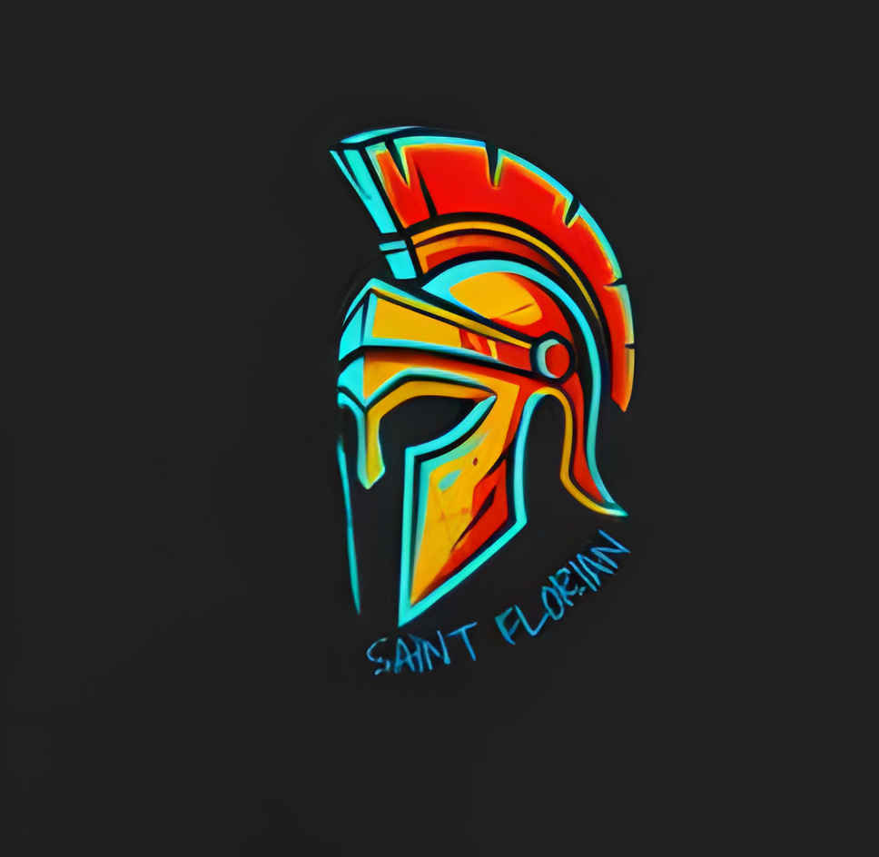Nahaufnahme des Brustlogos: Ein stilisierter, farbenfroher Feuerwehrhelm im spartanischen Stil mit dem blauen Schriftzug „Saint Florian“